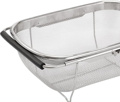 AJIODA Over The Sink Colander, 4 Quarts Stainless Steel Oval Colander with Expandable Rubber Grip Handle, Fine Mesh Strainer Baskets Kitchen Colanders for Strain, Drain, Rinse Vegetable, Fruits, Black