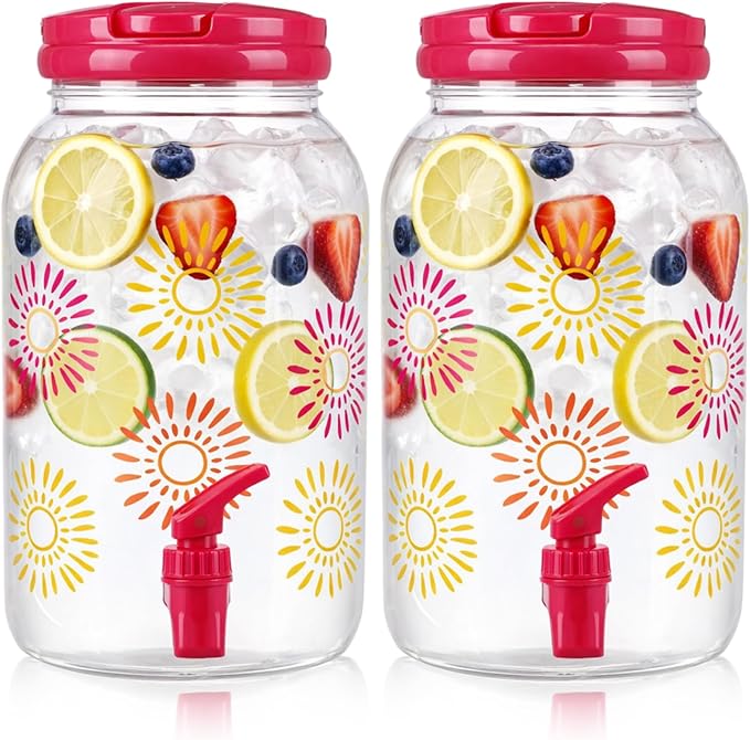 Havawish 2 Pcs 1 Gallon Plastic Beverage Dispenser with Spigot Clear Summer Kitchen Fridge Drink Dispenser for Parties Lemonade Juice Tea Beer Cold Water (Hot Pink,Sun)