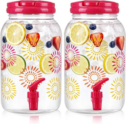 Havawish 2 Pcs 1 Gallon Plastic Beverage Dispenser with Spigot Clear Summer Kitchen Fridge Drink Dispenser for Parties Lemonade Juice Tea Beer Cold Water (Hot Pink,Sun)