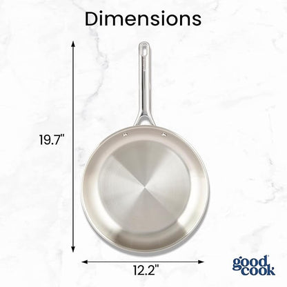 GoodCook Stainless Steel Fry Pan 12-Inch, Oven-Safe to 500F & Induction-Safe Compatible with All Stovetops 3-Layer Construction for Even Heating Non-Toxic PTFE & PFOA Free, Silver