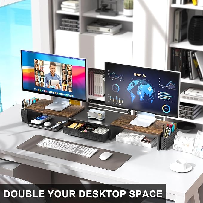 gianotter Dual Monitor Stand Riser, Desk Organizer With Drawer and 2 Pen Holders,Computer Monitor Stand, Desk Shelf for Top of Desk, Wood - Image 4