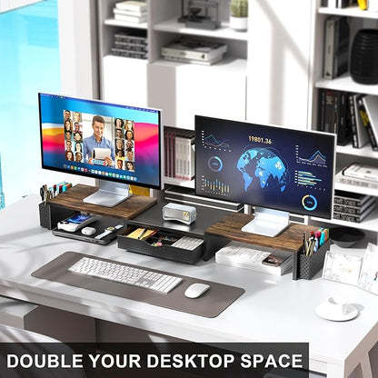 gianotter Dual Monitor Stand Riser, Desk Organizer With Drawer and 2 Pen Holders,Computer Monitor Stand, Desk Shelf for Top of Desk, Wood - Image 4
