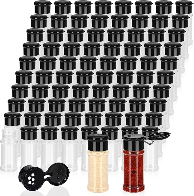 Amyhill 100 Pcs Plastic Spice Bottles Spice Jars with Black Cap Seasoning Jars Shaker 2 Oz/ 60ml Clear Bottle Containers with Shaker Lids for Storing Herbs and Seasoning Powders