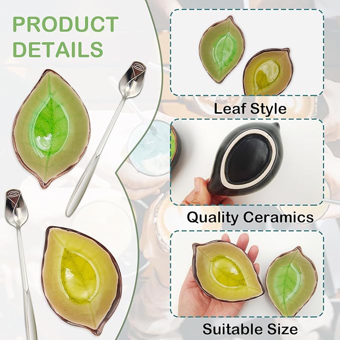 2 Pack Coffee Spoon and Leaf Rest Set, Ice Cracks Leaf Ladle Holder, Tea Spoon Rest for Kitchen Counter, Dining Table, Coffee Bar Teaspoon Rest with Spoon (Bright yellow and Grass green) - Image 3