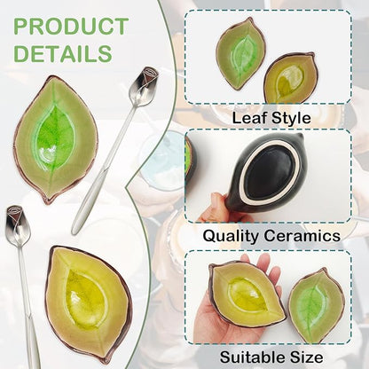 2 Pack Coffee Spoon and Leaf Rest Set, Ice Cracks Leaf Ladle Holder, Tea Spoon Rest for Kitchen Counter, Dining Table, Coffee Bar Teaspoon Rest with Spoon (Bright yellow and Grass green) - Image 3