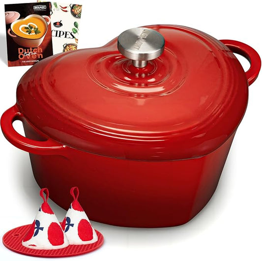 Overmont Enameled Cast Iron Dutch Oven - Heart-Shaped Pot with Lid Cookbook & Cotton Pot Holders - Mini Cookware Oven Safe to 500°F for Sourdough Baking Soups Stews - Great Gift for Wedding Birthday Housewarming 2QT Red