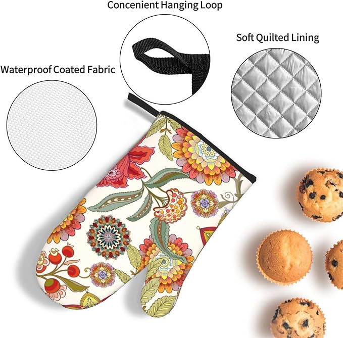 Boho Floral Oven Mitts and Pot Holders Sets of 3 Heat Resistant Hot Pads Colorful Flower Decorative Oven Gloves for Cooking Grilling Baking Kitchen Decor - Image 5
