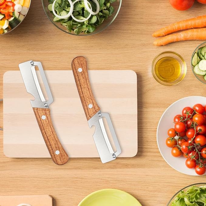 2 Pcs Multifunctional Vegetable Peeler, Stainless Steel Blade Peeler with Wooden Handle, Non-Slip Fruit Peeler for Kitchen - Image 6