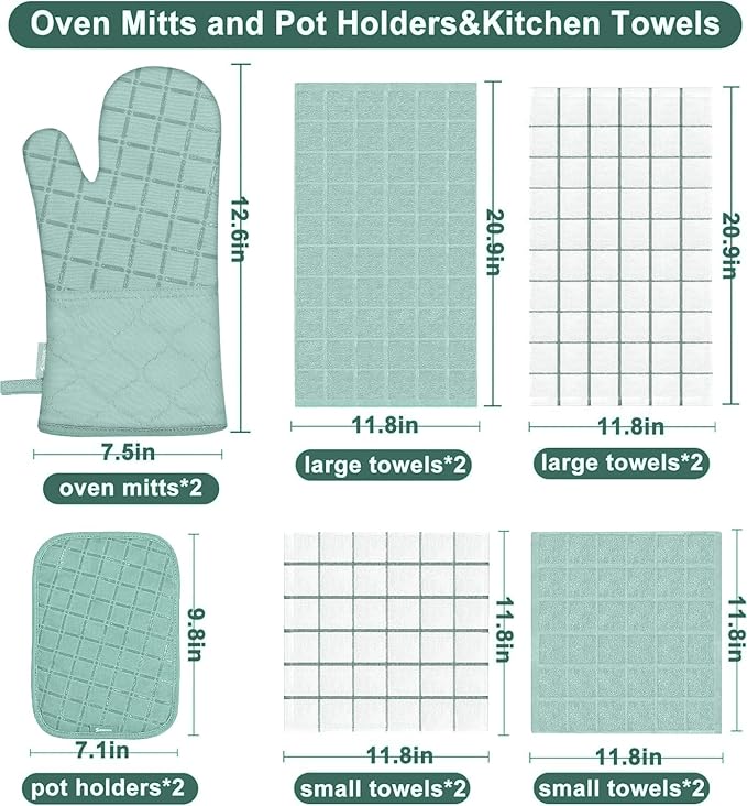 Oven Mitts Pot Holders Sets/Kitchen Towels and Dishcloths, Oven Gloves Kitchen Dish Towels 500 Degree Heat Resistant Potholders with Non-Slip Silicone Surface for Cooking, Grilling, Baking-Mint Green - Image 2