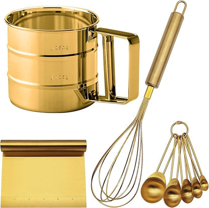 Gold Flour Sifter Baking Tool Set, findTop Stainless Steel 4-Piece Kit with 10" Whisk, Dough Scraper & 5 Measuring Spoons, Mirror Polished, Easy to Clean, for Cake Bread Cookie Prep