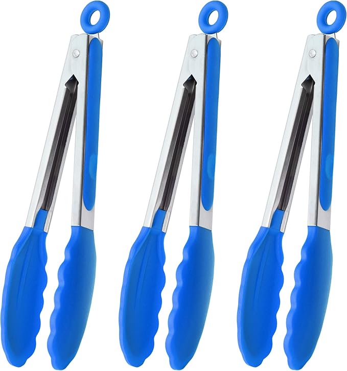 HINMAY 9-Inch Cooking Tongs with Silicone Tips, Set of 3 (Blue) by HINMAY