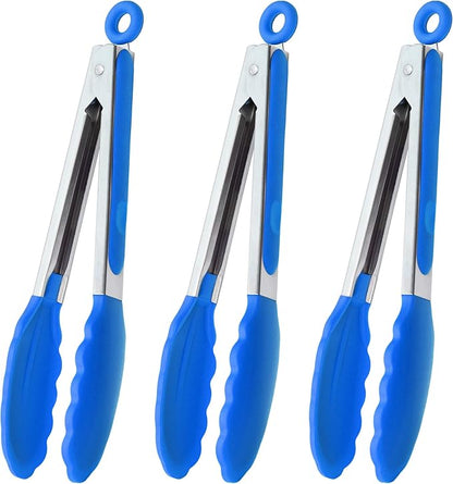 HINMAY 9-Inch Cooking Tongs with Silicone Tips, Set of 3 (Blue) by HINMAY
