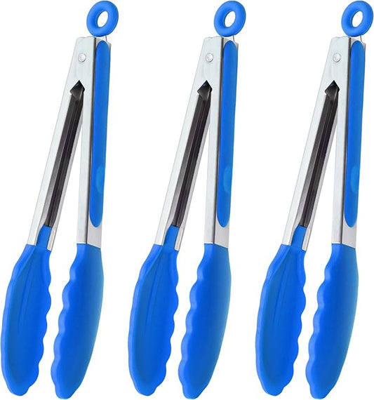 HINMAY 9-Inch Cooking Tongs with Silicone Tips, Set of 3 (Blue) by HINMAY