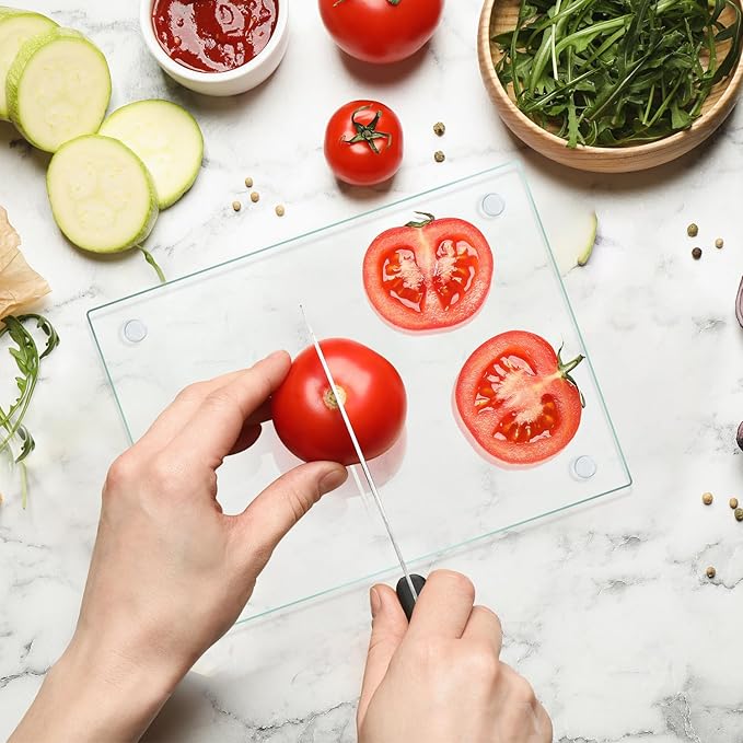 VASUHOME Tempered Glass Cutting Board for Kitchen (8x12"), Long Lasting Clear Glass Cutting Board for Countertop - Scratch, Heat, and Shatter Resistant - Easy to Clean