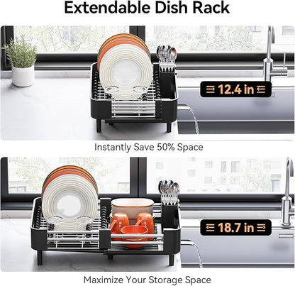 Urackify Stainless Steel Dish Drying Rack - Dish Drainer for Kitchen Counter, Extendable Drainboard with Foldable, Space-Saving Cup & Bowl Organizer, Includes Knife and Utensil Holder, Black - Image 3