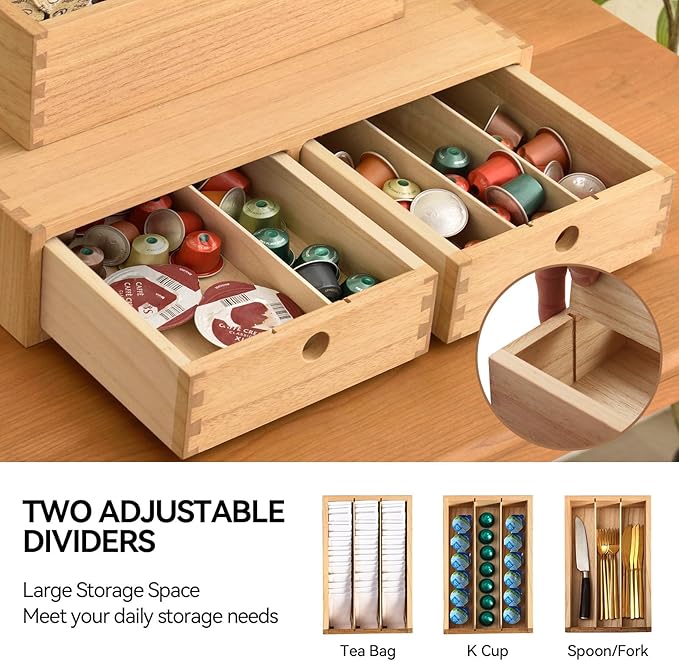 KIRIGEN Wooden Coffee Station Organizer 2-Piece Set - Coffee Bar Storage with Drawers for Sugar, Tea - Coffee Pod Holder and Accessories Organizer for Kitchen Counter Nature KFJTZ-NA - Image 4