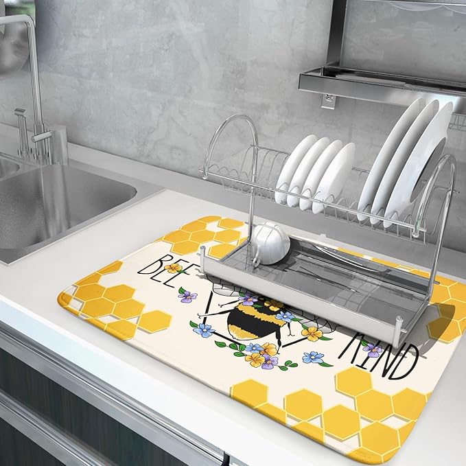 Giwawa Bee Kind Dish Drying Mat, Summer Bees Flowers Dish Drainer Mats for Kitchen Countertop, Yellow Honeycomb Absorbent Reversible Dish Drying Pad Decoration, 18x24inches, Large Size