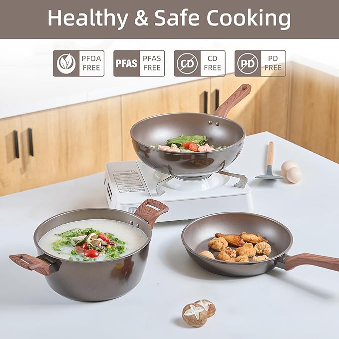12Pcs Pots and Pans Set, Nonstick Cookware Sets, Non Stick Pots and Pan Set with Frying Pans, Saucepans, Steamer Silicone Shovel Spoon - Image 3