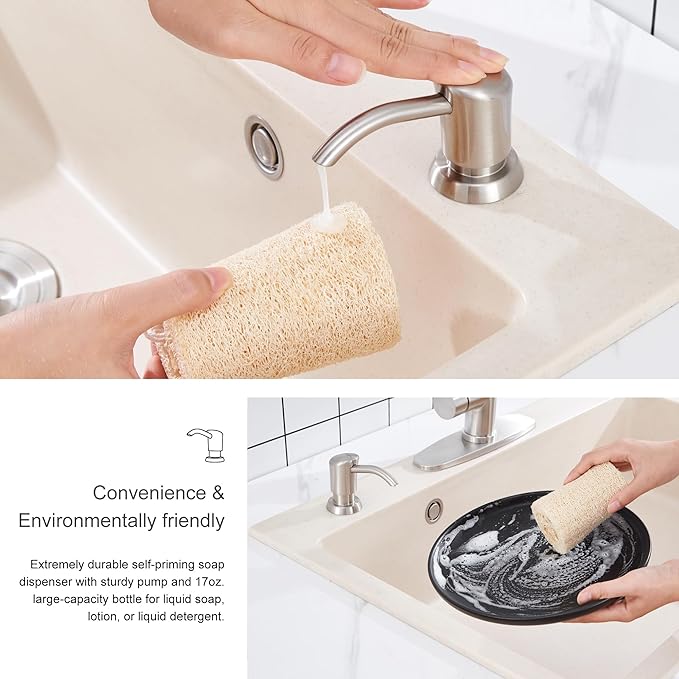 GAGALIFE Built in Sink Soap Dispenser or Lotion Dispenser for Kitchen Sink, Brushed Nickel ABS Pump Head, with 17 Ounce Large PET Soap Bottle - Image 7