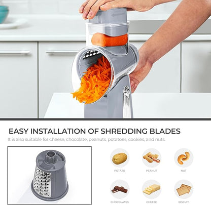 SUSTEAS Rotary Cheese Grater with Handle - Vegetable Shredder with 5 Well-designed Blades & Strong Suction Base,Round Mandoline Slicer & Food Chopper for Kitchen,with Blade Storage Box(Gray) - Image 6