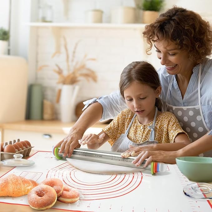 Stainless Steel Rolling Pin and Silicone Mat Set, Adjustable Thickness Rings - For Baking Dough, Pizza, Pies, Pastries, Pasta, Cookies - Image 6