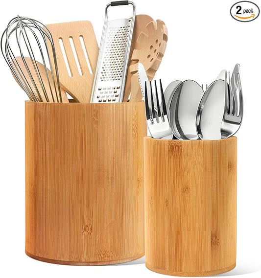 Bamboo Utensil Holder, 7.3"+5.4" Set of 2 Utensil Holders for Kitchen Counter, Bamboo Spoon and Chopstick Organizer, Flatware, Spatula & Silverware Storage Containers, for Countertop & Pantry by SLNIHAMS