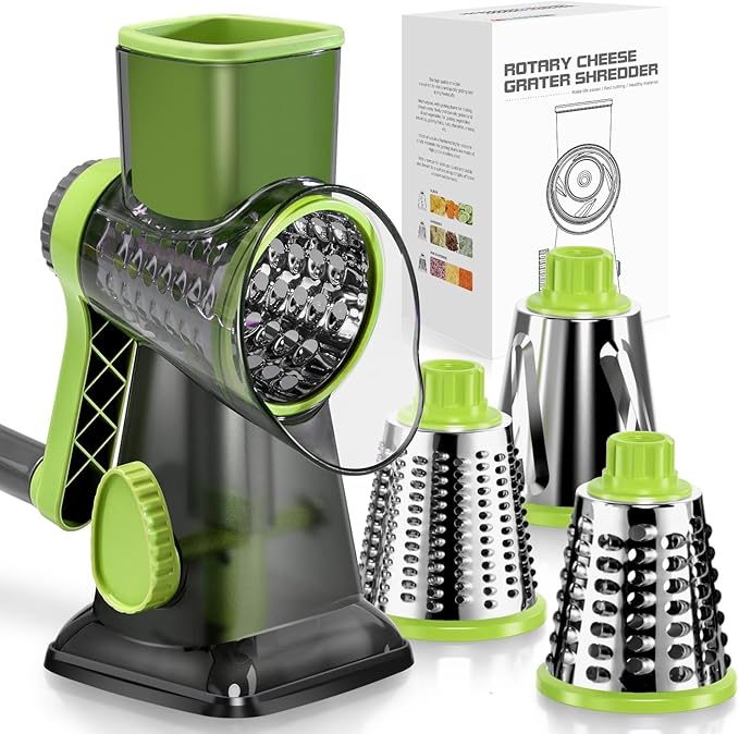 KEOUKE Rotary Cheese Grater Hand Crank Transparent - Shredder Slicer Grinder 3 Stainless Steel Blades, Stable Suction, Labor-Saving Handle, Safe Kitchen Tool for Cheese, Vegetable, Nuts, Chocolate by KEOUKE