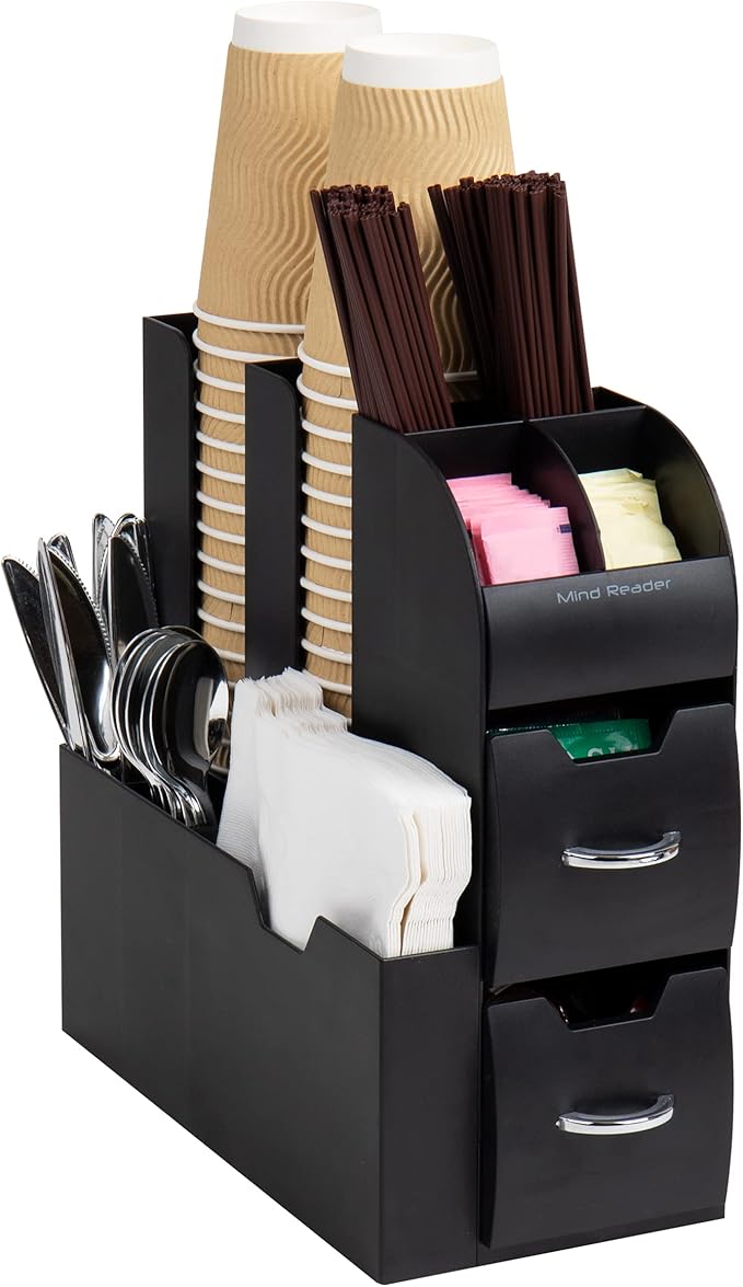 Mind Reader Cup and Condiment Station, Countertop Organizer, Coffee Bar, Kitchen, Stirrers, 5.35"W x 11.25"L x 11.15"H, Black by MindReader
