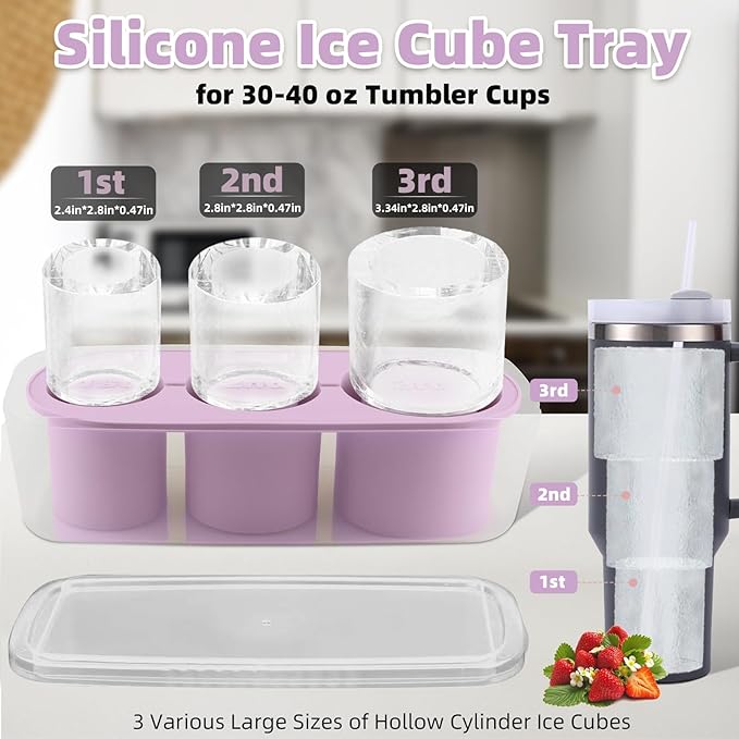 Tcamp Tumbler Ice Mold, Ice Cube Tray for 30 oz -40 oz Tumbler Cup, 3 Pcs Silicone Hollow Cylinder Ice Mold with Lid and Bin for Freezer, Ice Drink, Juice, Whiskey, Cocktail (Purple)