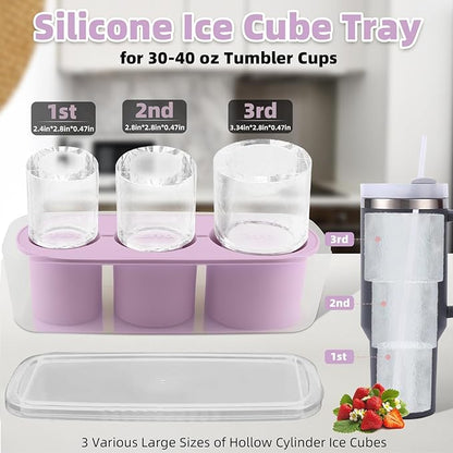 Tcamp Tumbler Ice Mold, Ice Cube Tray for 30 oz -40 oz Tumbler Cup, 3 Pcs Silicone Hollow Cylinder Ice Mold with Lid and Bin for Freezer, Ice Drink, Juice, Whiskey, Cocktail (Purple)
