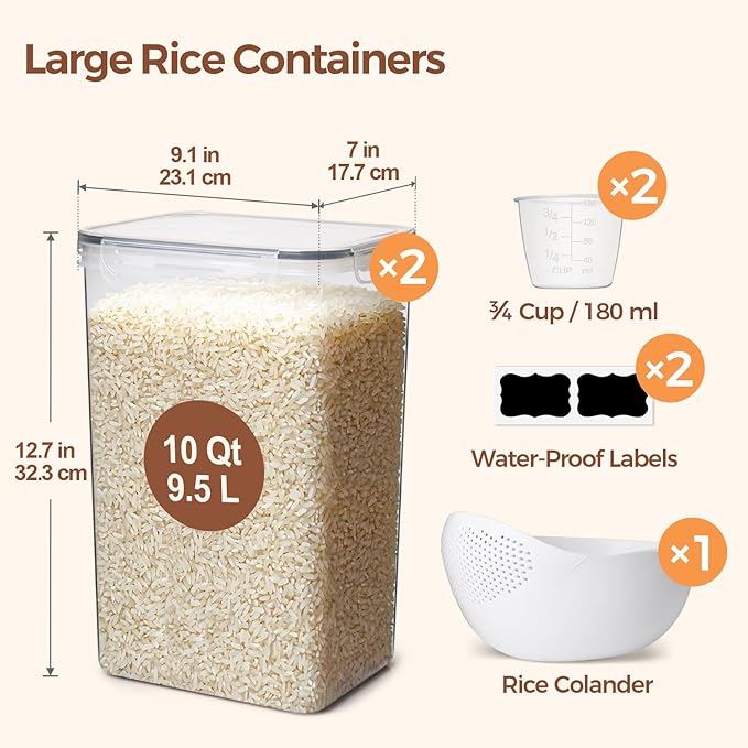 ComSaf Rice Container Set of 2(9.5L/10Qt), Large Airtight Food Storage Containers with Lid and Rice Washer, Plastic Canisters Sets for The Kitchen, Pantry Organizers for Flour, Cereal and Cooking - Image 2