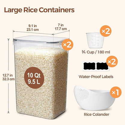 ComSaf Rice Container Set of 2(9.5L/10Qt), Large Airtight Food Storage Containers with Lid and Rice Washer, Plastic Canisters Sets for The Kitchen, Pantry Organizers for Flour, Cereal and Cooking - Image 2