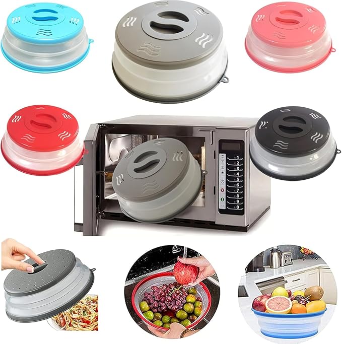 Microwave Splatter Cover Vented for Food, Splatter Guard & Colander Kitchen Gadget for Fruit Vegetables Microwave Plate Cover with Hook Hole,Dishwasher-Safe,BPA-Free Silicone & Plastic (Grey)