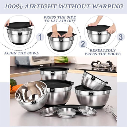 Umite Chef Mixing Bowls with Airtight Lids, 8PCS Stainless Steel Nesting Mixing Bowls Set, 3 Grater Attachments & Non-Slip Bottoms, Black Kitchen Bowls, Size 5, 4, 3.5, 2, 1.5QT for Baking & Serving - Image 6