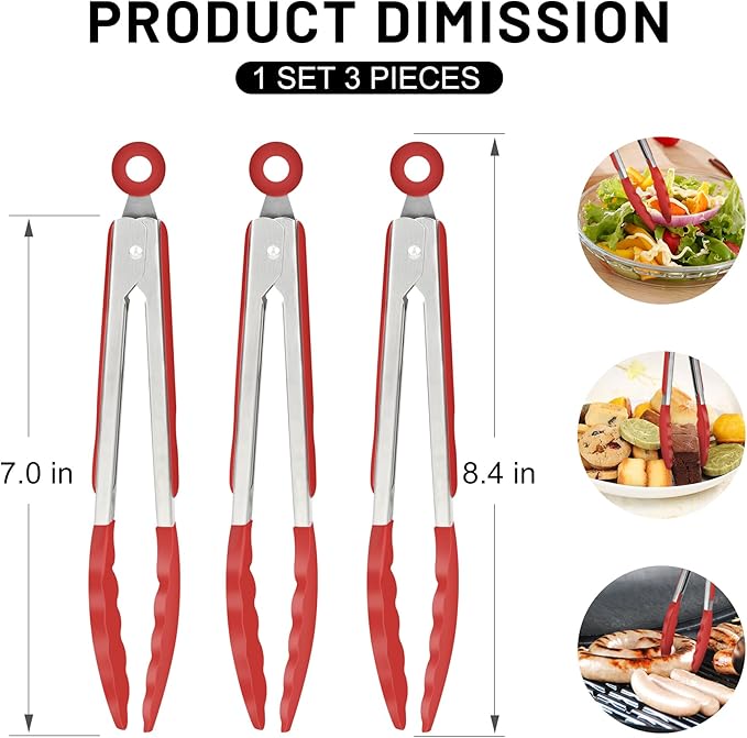 Hotec Mini Silicone Kitchen Tongs for Cooking - 7-Inch Small Serving Tongs with Silicone Tips, Set of 3 (Red) - Image 3