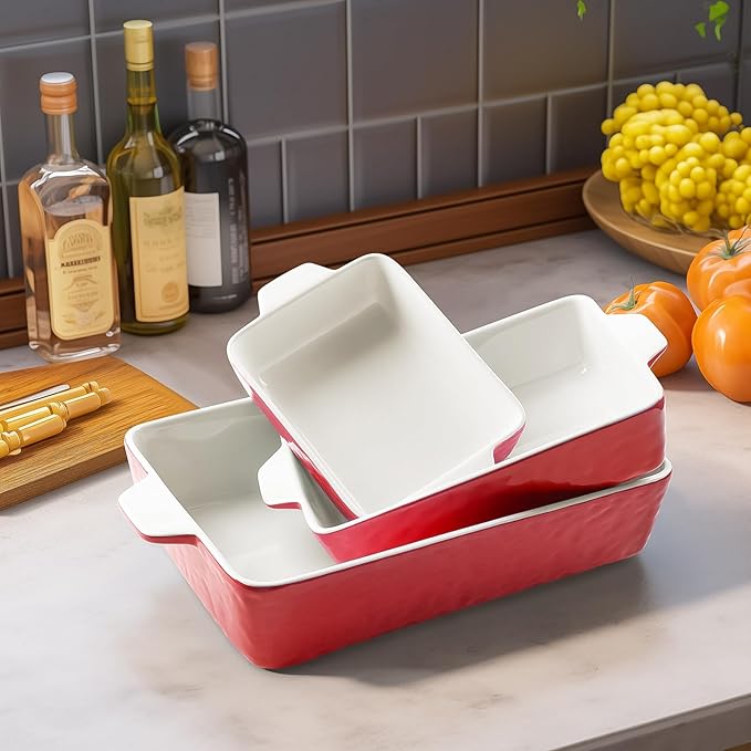 Casserole Dishes for Oven, Ceramic Baking Dishes, Lasagna Pan with Handles, Porcelain Baking Pan Deep, Bakeware for Baking, Cooking, Wedding Gift, Set of 3 (11.6" x 7.8", Red) - Image 6