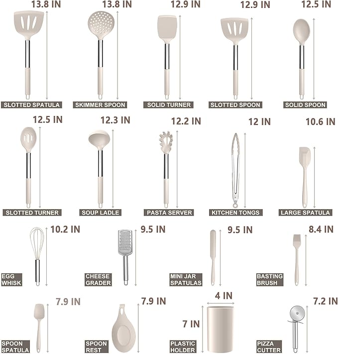 E-far Silicone Cooking Utensils Set, 30 Pcs Heat Resistant Kitchen Utensils with Stainless Steel Handle, Heat Resistant Kitchen Spatulas Turner Tong Spoon Whisk Ladle for Nonstick Cookware, Khaki - Image 2