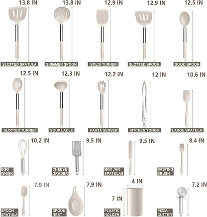 E-far Silicone Cooking Utensils Set, 30 Pcs Heat Resistant Kitchen Utensils with Stainless Steel Handle, Heat Resistant Kitchen Spatulas Turner Tong Spoon Whisk Ladle for Nonstick Cookware, Khaki - Image 2