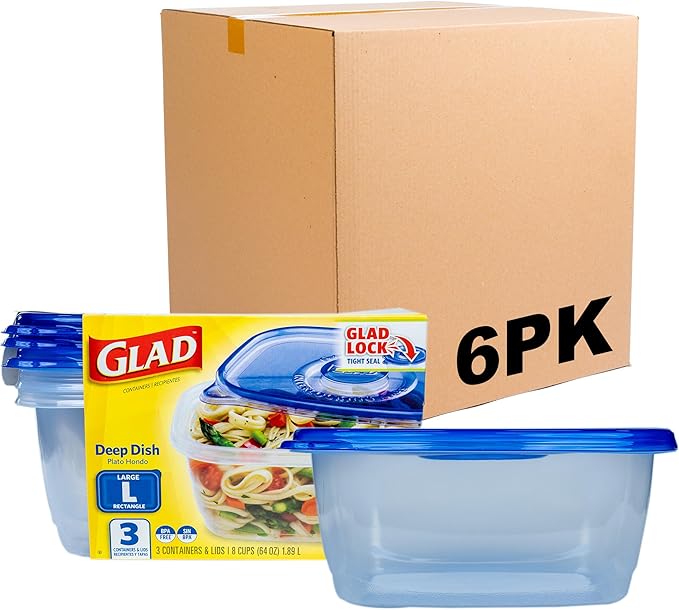 Glad GladWare Deep Dish Food Storage Containers with Lids, Large Rectangle BPA Free Plastic for Soups Salads and Meal Prep, Lock Tight Seal, Microwave Dishwasher Safe, 64 Oz, 3 Count - 6 Pack by GladTrashFoodStorage