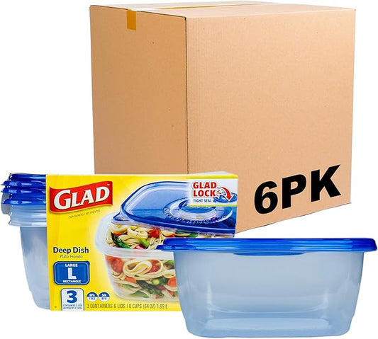 Glad GladWare Deep Dish Food Storage Containers with Lids, Large Rectangle BPA Free Plastic for Soups Salads and Meal Prep, Lock Tight Seal, Microwave Dishwasher Safe, 64 Oz, 3 Count - 6 Pack by GladTrashFoodStorage