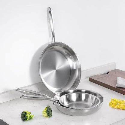 SuperCook 2 Pieces Tri-Ply Clad Stainless Steel Frying Pan, 8" and 10" Skillet Set, Steel Pans for Cooking, Sauté Pans Set, Non-Toxic, Multiclad, Induction Oven Compatible, Dishwasher Safe