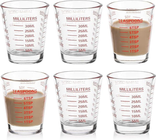 SAIAOKJ Shot Glasses Measuring Cup Set 6 Pack Espresso Shot Glasses Liquid Heavy Glass 26-Incremental Measurement 1 OZ,2 TBS,6 TSP,30 ML Kitchen Tools(Red)