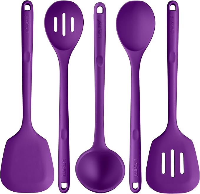 Silicone Kitchen Cooking Utensil Set: U-Taste 600ºF Heat Resistant 13.6in Extra Long Kitchen Tools, Food-Grade Non-Stick Spatula Turner Spoon Ladle for Stir Frying, Serving, Mixing (5 Pieces, Purple) by U-Taste