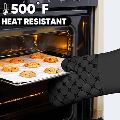 Oven Mitts Kitchen Towels Dishcloths with Pot Holders Sets 12PCS, Dish Towels Sets, Oven Gloves Pot Pads Heat Resistant 500 Degrees with Non-Slip Silicone Surface for Cooking Baking Grilling Black - Image 4