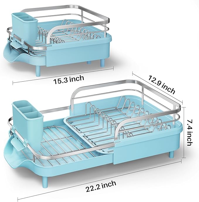 SAYZH Dish Drying Rack - Expandable Dish Rack for Kitchen Counter, Rust-Resistant Dish Drainer with Utensil Holder and Raised Guardrail, Kitchen Organizer for Cup and Bottle (Blue) - Image 2