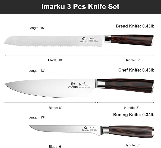 imarku 3 Piece Knife Set, Professional Japanese High Carbon Stainless Steel Chef Knife, Ultra Sharp Kitchen Knives Set with Ergonomic Pakkawood Handle, Ideal Gift for Mom - Image 5