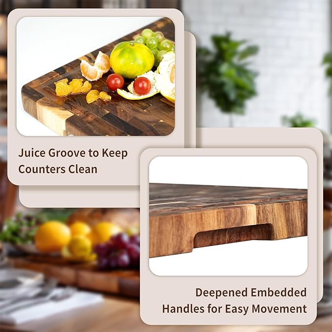Utoplike Acacia Cutting Board 17 x 12 IN, Wood End Grain Chopping Board with Single-side Juice Groove and Handles, Reversible Butcher Block for Meat, Vegetables, 1.38"Th