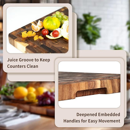 Utoplike Acacia Cutting Board 17 x 12 IN, Wood End Grain Chopping Board with Single-side Juice Groove and Handles, Reversible Butcher Block for Meat, Vegetables, 1.38"Th