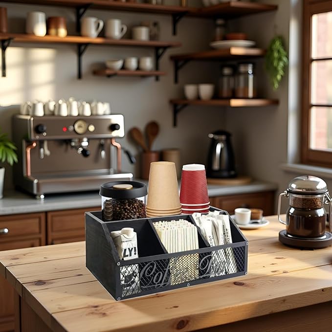 Coffee Station Organizer, Rustic Countertop Coffee Bar Accessories, 4 Compartments for Pods, Syrup, Stirrer, Tea Bags - Coffee Condiment Station Storage for Home and Office - Black - Image 5