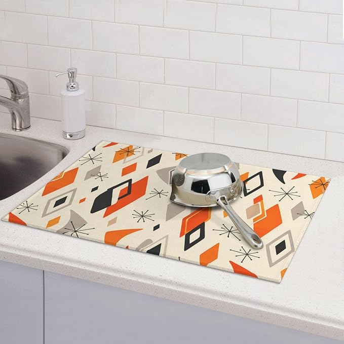 Retro Geometric Pattern Dish Drying Mat For Kitchen Counter Absorbent Large Kitchen Fast Dry Pad Reusable Washable Protector Rack Large Mat 18 X 24